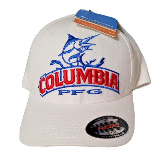 NEW Columbia HAT PFG Sword Fish Embroidered Omni shade White Blue Red Vintage - Picture 1 of 9